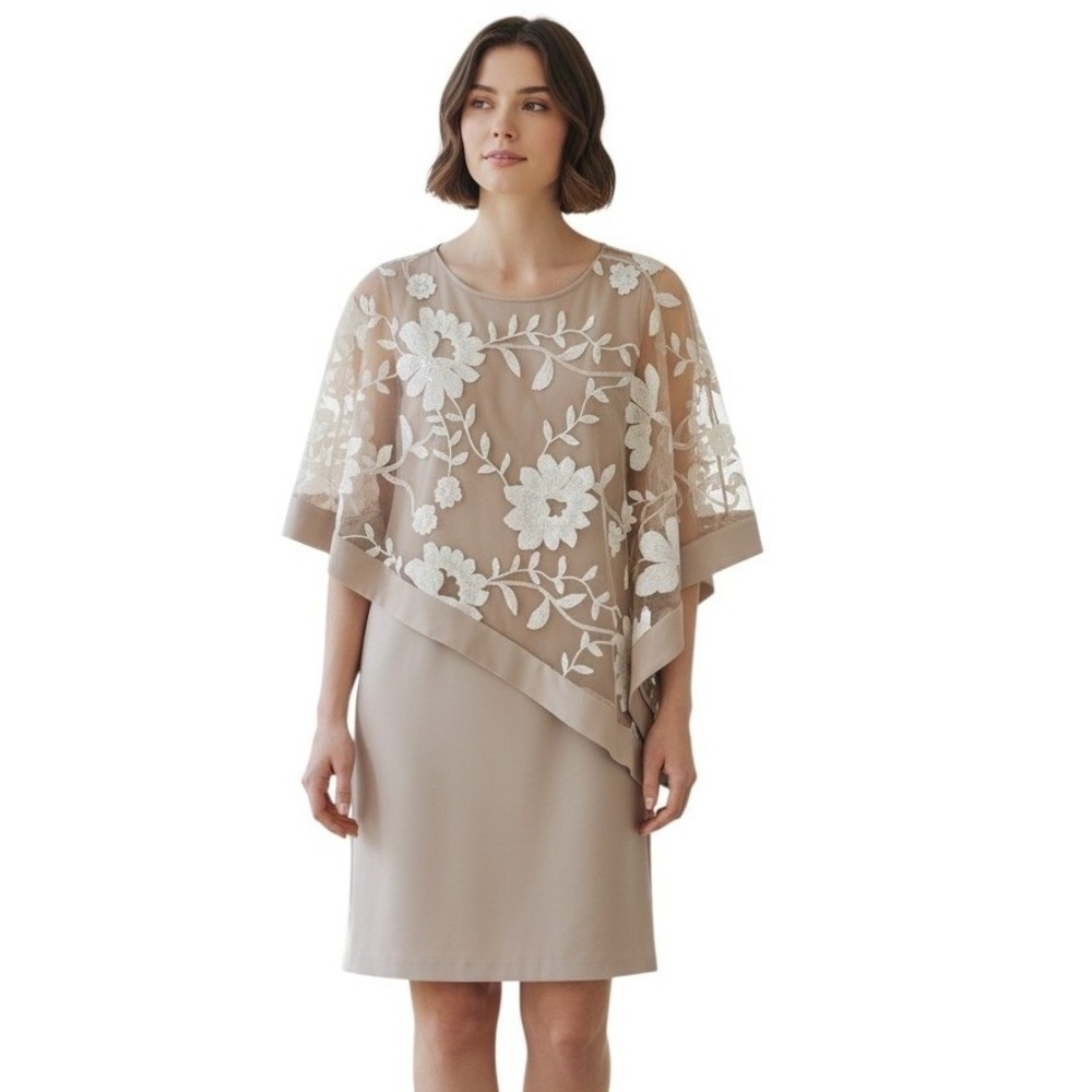 R&M Richards Woman Champagne Lace Poncho Sheath Dress 14W New